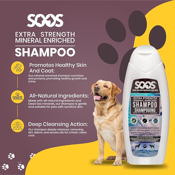 Soos Pet Shampoo Extra Strength Cat and Dog Shampoo Natural Dead Sea Minerals Fast Absorbing - 1x Bottle (500ml)