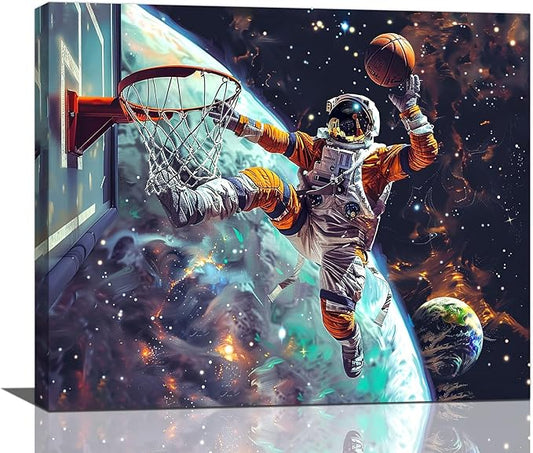 Quorin Astronaut Wall Art Funny Spaceman Basketball Pictures Space Galaxy Planet Wall Decor Canvas Print Painting Artwork for Bathroom Living Room Bedroom 20"x24"