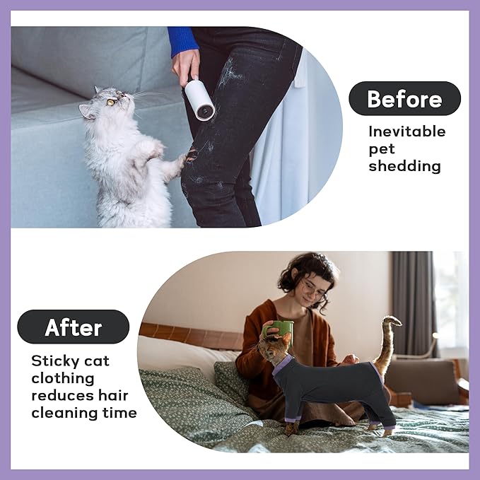 PUMYPOREITY Sticky Hair Cat Clothes, Prevent Hair Loss Cat Pajamas, Soft Cat Sweaters for Cats Only, Cat Hair Sticky Onesie, Cat Recovery Suit After Surgery, Black, XL