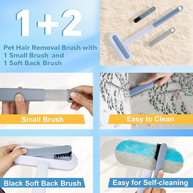 Pet Hair Removal Tool, 4 in 1 Reusable Washable Lint Brush for Cat and Dog Hair Remover, Gentle on Furniture with Extra Long Handle for Couch, Carpet, Clothing, Bedding, Car, Window
