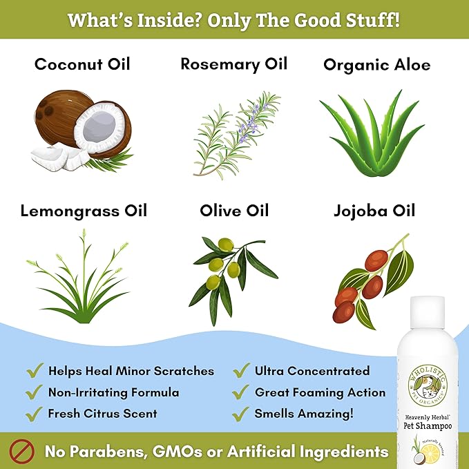 Wholistic Pet Organics Pet Shampoo Concentrate: Heavenly Herbal Organic Dog Shampoo and Conditioner - All Natural Puppy and Cat Shampoo for Dry, Itchy Skin, Allergies, Dandruff Shampoo