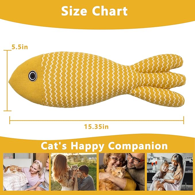 Interesting Catnip Toys Fish, 1 Pack Large Cat Toys, Soft Indoor Cat Kicker Toys, Durable and Highly Interactive Catnip Toys（Yellow Fish）