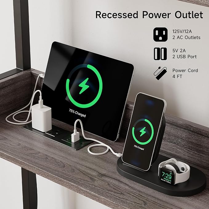 55 Inches Cat Litter Box Enclosure, Hidden Litter Box Furniture with 2 Storage Shelves and Charging Sockets, Wooden Cat House, Large Indoor Cabinet for Living Room & Entryway, Grey