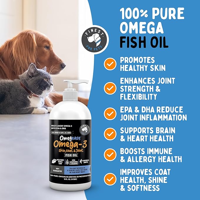 Omegease Fish Oil for Dogs & Cats - Finest for Pets Omega 3 for Cats & Dogs - Supplement for Skin & Coat, Itching, Shedding, Joints & Immune Health - 100% Pure Omega Fish Oil with EPA & DHA (16 oz)