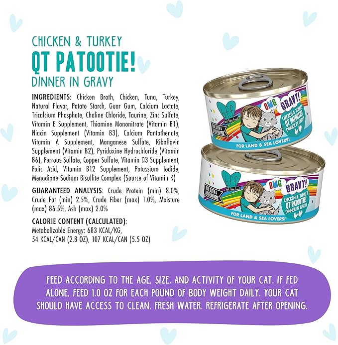 Weruva B.F.F. OMG - Best Feline Friend Oh My Gravy!, QT Patootie! with Chicken & Turkey in Gravy Cat Food, 5.5oz Can (Pack of 8)