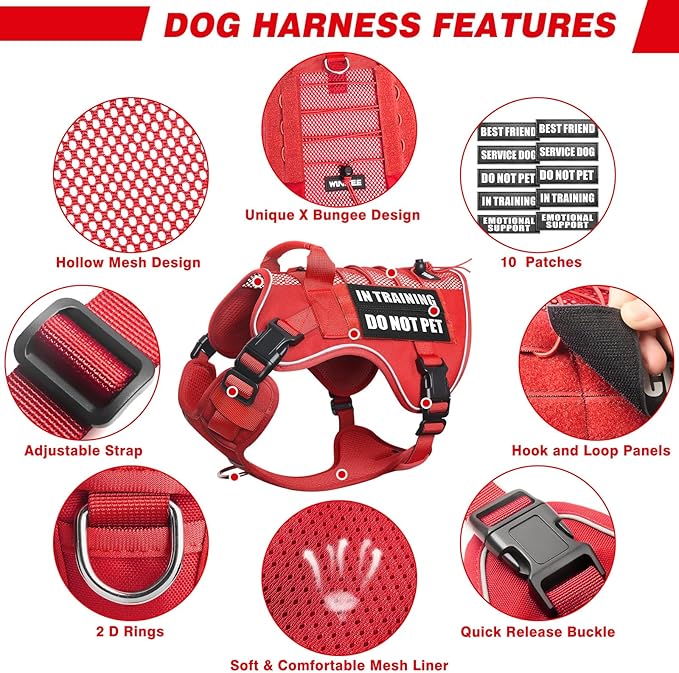 WINSEE Service Dog in Training Mesh Harness with 10 Pet Patches, Soft Air Mesh Breathable Tactical Dog Molle Vest, Reflective Military Pet Vest for Walking Hiking for Large Dogs