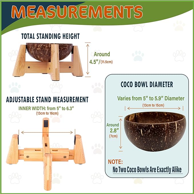 Raised Dog Bowl for Small Dog - Elevated, Ants-Off Stand, Real Coco Bowl, Height 5-inch, 33-oz Dish Capacity - Coconut/Bamboo Natural Calming Effect