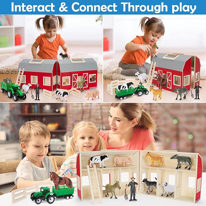 YEEBAY Farm Animals Toys for 3+ Year Old Kids Toddlers Girls Boys, Large Wooden Barn with Animal Play Figures, Farm Playset Educational Learning Toys, Ideal Christmas Birthday Gifts