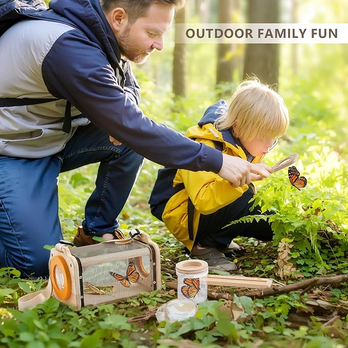 Wooden Bug Catcher for Kids, 8-in-1 Insect Exploration Set with Butterfly Net, Magnifying Glass, Bug Habitat, Tweezers, Compass,Outside Toys for Toddlers