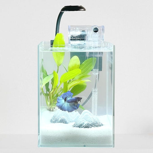 Nano Aquarium Kit,1.5 Gallon Rimless Small Glass Tank with Filter, Aquarium Light, and Aquascaping Decorations, for Home and Office (Transparent Tank - Mountain, Small)