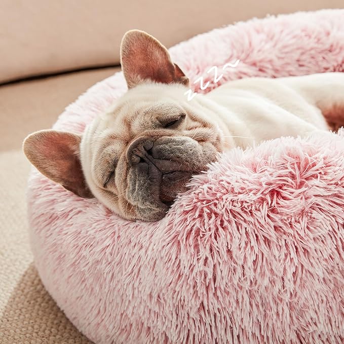 Love's cabin Calming Cat Bed for Indoor Cats,Anti-Anxiety Donut Round Dog Bed,Fluffy Faux Fur Washable Pet Bed for Small Medium Dogs and Cats,Pink,24in