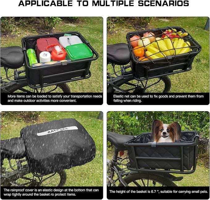 RAYMACE Rear Rack Bike Basket with Cargo Net and Liner Large Bicycle Basket Perfect Mount for Electric Bike