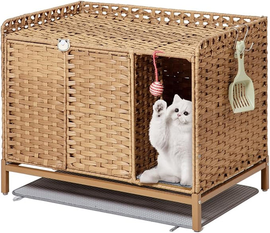 Cat Litter Box Enclosure Furniture with Divider, Handwoven Rattan Litter Box with Mat, 31.2 x 19.6 x 24.2 Inches, Metal Heightened Feet, Hidden Cat House for Living Room, Bedroom (Natural)