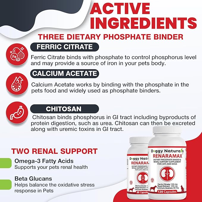 RENARAMAX Dietary Phosphate Binder and Renal Support Supplement for Cats and Dogs 120 Count (Made in U.S.A)