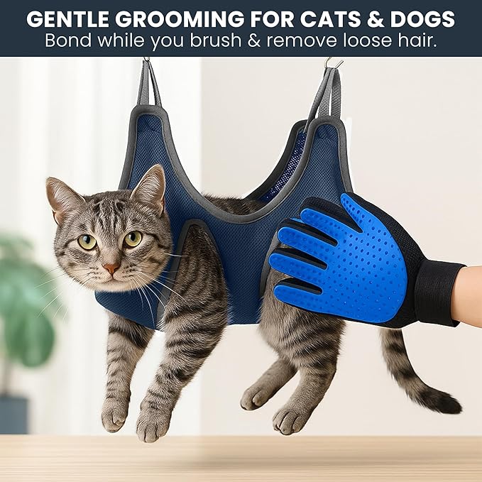 Pet Grooming Hammock Kit for Dogs & Cats - Includes Hammock Harness, Nail Clippers, Nail File, Grooming Glove, Dematting Comb, S-Hooks, Carabiners & Storage Bag for Easy Home Grooming Large (93×56) cm