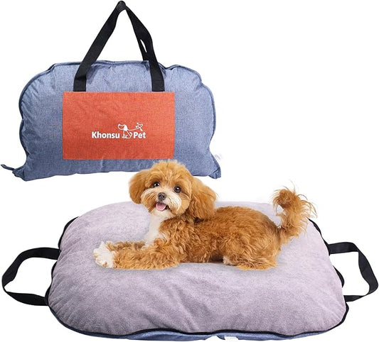 Portable Waterproof Dog Mat for Camping, Patio & Travel - Foldable Outdoor Dog Bed with Teflon Shell & Removable Plush Pad - Easy Clean, Durable - S (Denime Blue)