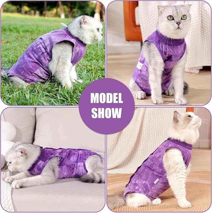 Cat Recovery Suit for Male and Female Surgical Post Surgery Soft Cone Onesie Tie Dye Cats Shirt Clothes Neuter Licking Protective Diapers Outfit Cover Kitten Spay Collar Alternative(Purple, M)