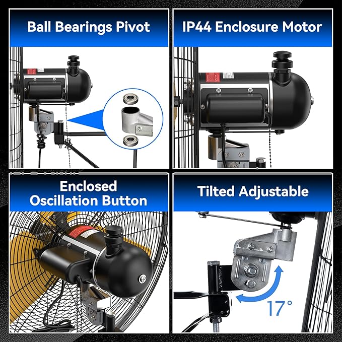 Pro 9500 CFM 24" Outdoor IP44 Waterproof Wall Mount Fan, 3-Speed Oscillating Metal Fans with Enclosure Motor, Heavy Duty Wall Fan for Patio, Warehouse, Garage, and Jobsite