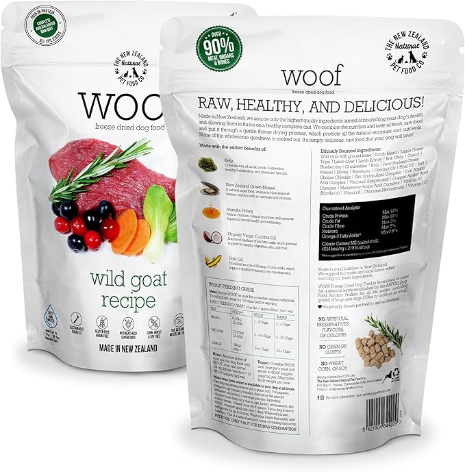 WOOF Wild Goat Freeze Dried Raw Dog Food, Mixer, or Topper, or Treat - High Protein, Natural, Limited Ingredient Recipe 9.9oz