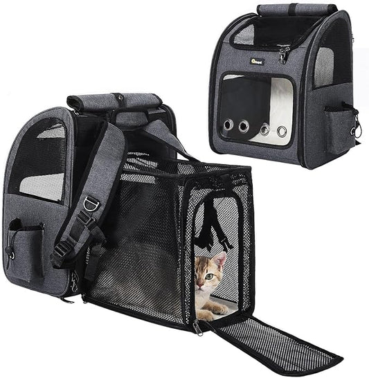 Hoopet Expandable Cat Backpack Carrier – Breathable Pet Carrier for Small Cats & Dogs, Foldable Travel Backpack with Mesh Ventilation for Hiking, Walking, Camping, Dark Grey