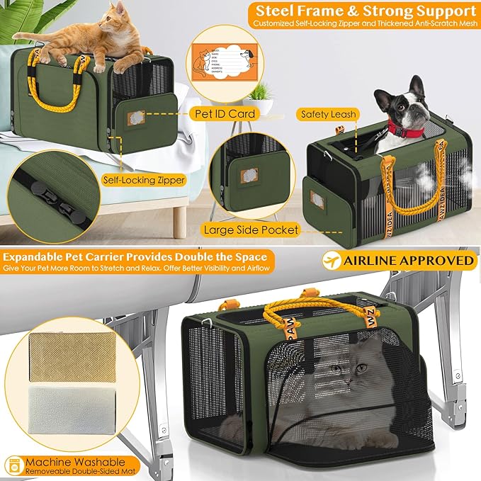 PAWZIDEA Double Pet Stroller with 2 Detachable Carriers, Portable Dog Crate for Car Travel & TSA-Approved Expandable Cat Carrier, Foldable Lightweight Jogger Stroller for 2–4 Cats or Small/Medium Dogs