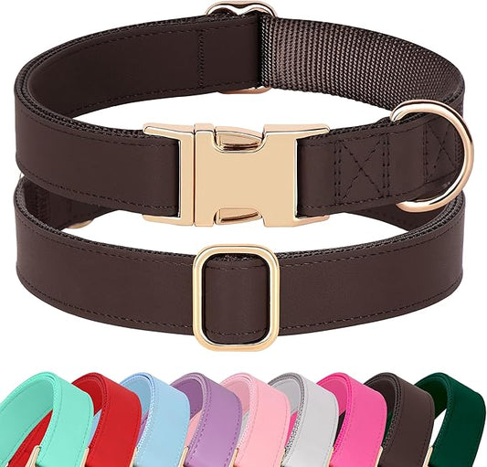 PET ARTIST PU Leather Dog Collar, Bright & Stylish Brown Dog Collar with Quick Release Gold Metal Buckle, Soft Nylon Padded Durable Pet Collars Adjustable for Medium Dogs, Neck Fit 13-19"