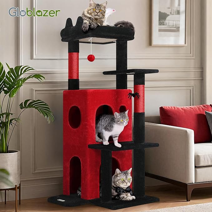 Globlazer Gothic Cat Tree Tower for Indoor Cats, 50-inch Goth Adult Cat Tree House for Large Adult Cats with Steps, Scratching Post, 2 Cat Caves, Dangling Toys, FC50, Blood-Goth