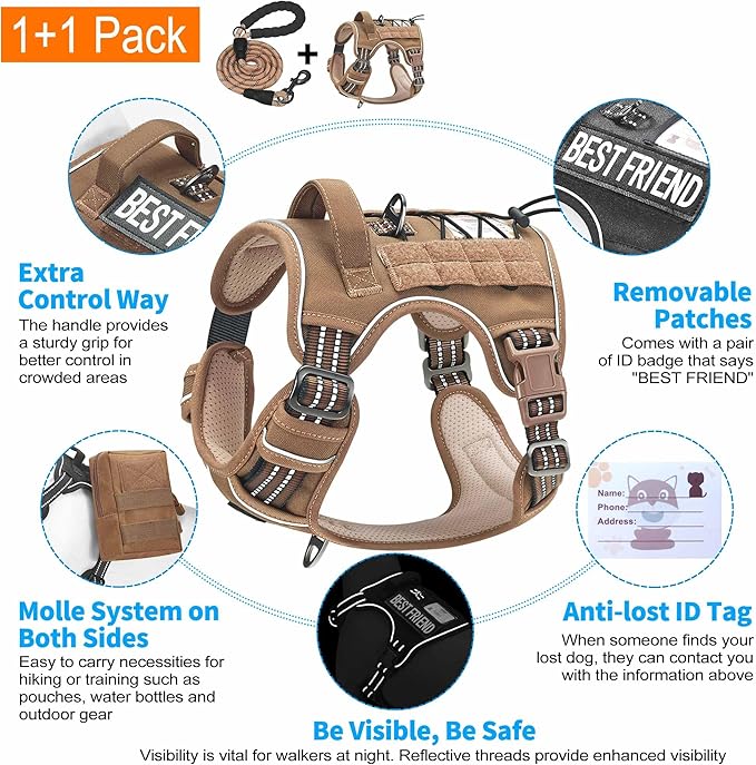 Heavy Duty Tactical Dog Harness for Medium Dogs, Brown, Molle System, Four-point Adjustment, Anti-lost ID Tag, Includes 5ft Leash