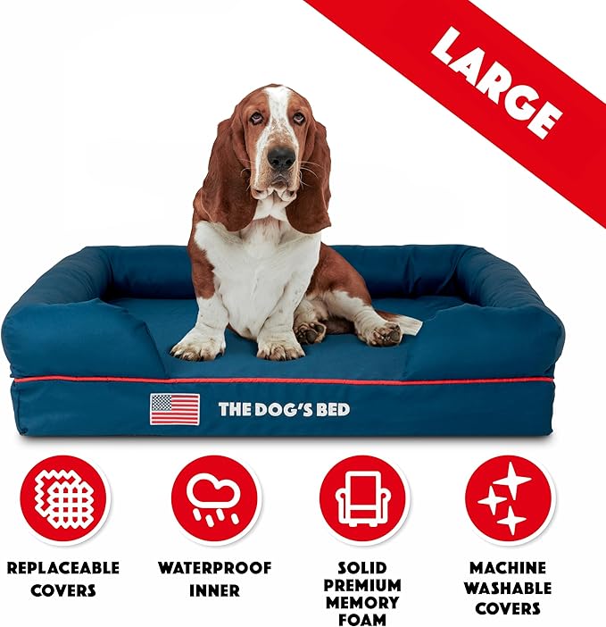 The Dog’s Bed, Large Blue Oxford with Red Trim USA Flag Dog Bed 36x27 Memory Foam, Pain Relief: Arthritis, Post Surgery, Lameness, Supportive, Calming, Waterproof Washable Cover, Veterinary Approved