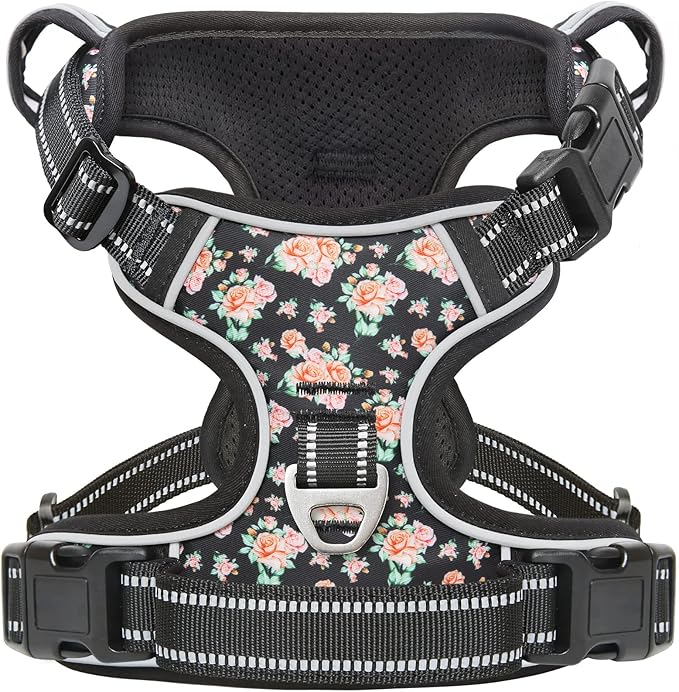 Timos Dog Harness, 3 Snap Buckles No-Pull Soft Padded Dog Vest with 2 Metal Leash Clips,Adjustable Reflective No Choke Pet Harness with Easy Control Handle for Small Dogs,Black Rose,S