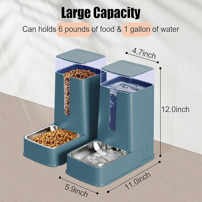 Automatic Cat Feeder and Cat Water Dispenser Set with Stainless Steel Bowls Gravity Dog Feeder for Small Medium Big Dog Pets Puppy Kitten, 3.8L x 2 (Cyan)