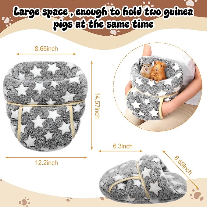Wenqik 2 Pcs Guinea Pig Bed Cuddle Warm Hideout Small Animal Sack Cozy House Bedding Sleeping Cushion Portable Pet Carrier Cage Nest for Rabbit Hamster Rat (Gray, Light Pink,Pentagram)