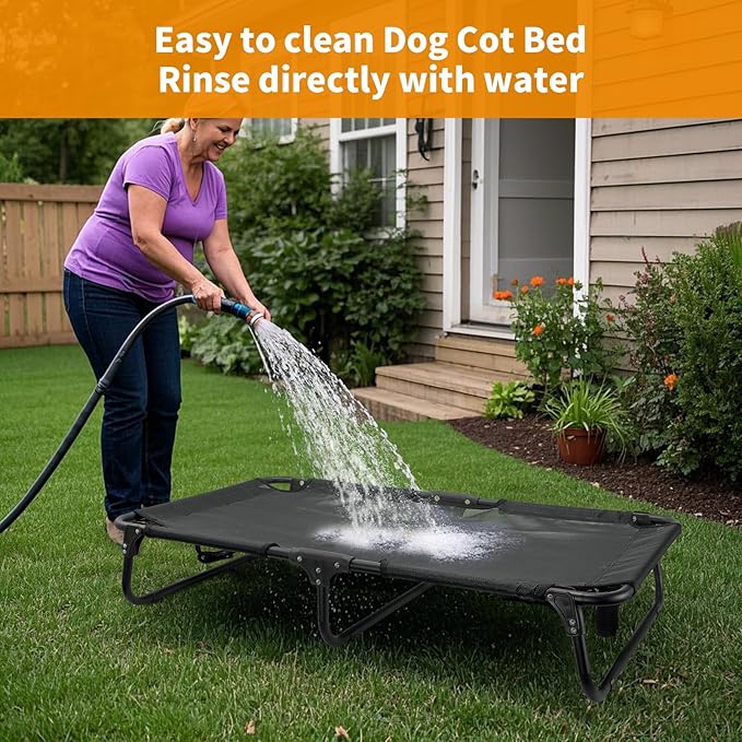 Elevated Dog Bed, Foldable Raised Dogs Bed Outdoor Dog Cots Beds for Large Dogs Cooling Outside Camping Chew-Proof No Assembly Need, Black