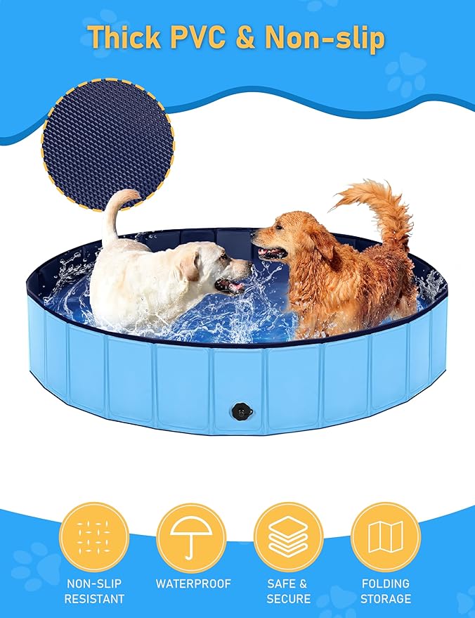 Foldable Dog Pool, Lexda Hard Plastic Shell Pet Swimming Pools for Large Dogs, Collapsible Plastic Pet Pool, Portable Bathing Tub for Dogs (79x12inch)