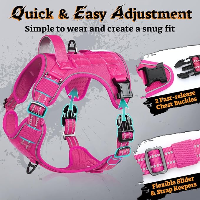 rabbitgoo Dog Harness for Large Dogs No Pull, Tactical Service Pet Vest with Molle and Control Handle, Adjustable and Reflective Military Harness for Easy Walking and Training, Rose Red, L