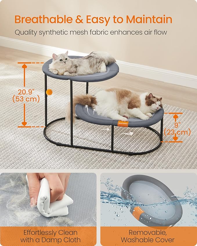 Feandrea 2-Tier Elevated Cat Hammock Bed, Breathable Furniture for Multi-Cat Households Indoor and Outdoor, with Removable Washable Mesh, Steel Frame, for Summer, Dove Gray UPCB012G01