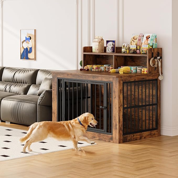 IRONCK Extra Large Dog Crate Furniture, 43.3 inches Wooden Dog Crate with Storage and 4 Hooks, Heavy Duty Pet Crate for Large Dog, Decorative Pet Cage for Indoor (30" L x 43.3" W x 41.1" H)