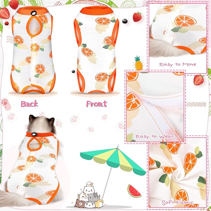 Nuanchu 3 Pieces Cat Recovery Suit Kitten Recovery Suit E-Collar Alternative for Cats and Dogs Abdominal Skin Anti Licking Pajama Clothes Sets(Fruit Pattern,Medium)