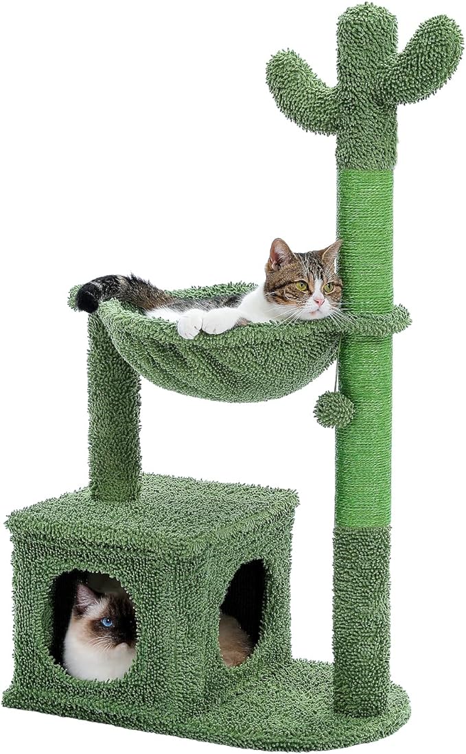 Cactus Cat Tree 40" Cat Tower with Large Metal Carpet Hammock, Cat Scratching Post for Indoor Cats with Condo & Replaceable Toy Ball, Green