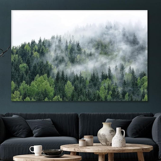 Nature Wall Art Prints - Ocean Forest Mountain Lake Canvas Landscapes - Small to Extra Large Living Room Bedroom Kitchen Bathroom Décor (Pine Trees in Fog, 28L" x 41W")