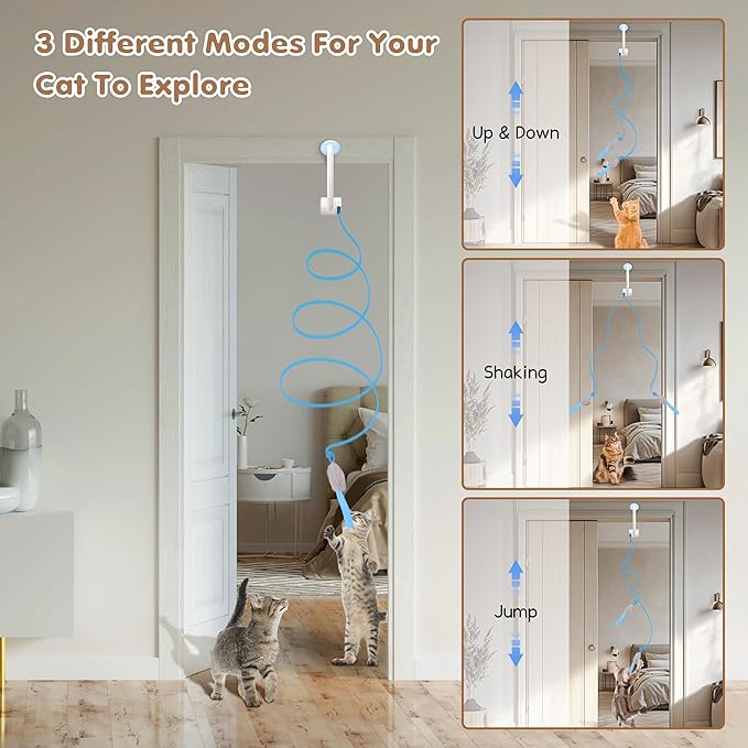 Interactive Cat Toys Rechargeable, Feather Toy for Indoor Cat, Hanging Retractable Teaser Toy, Automatic Kitten Play Chase Exercise Toys with Three Plush Mouse, USB Powered (Blue)