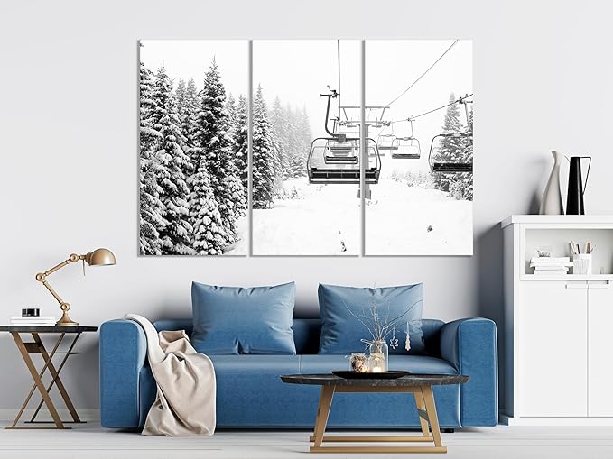 Nature Wall Art Prints - Ocean Forest Mountain Lake Canvas Landscapes - Small to Extra Large Living Room Bedroom Kitchen Bathroom Décor (Ski Lift on Snowy Mountain, 39L" x 59W" - 3 Panels)