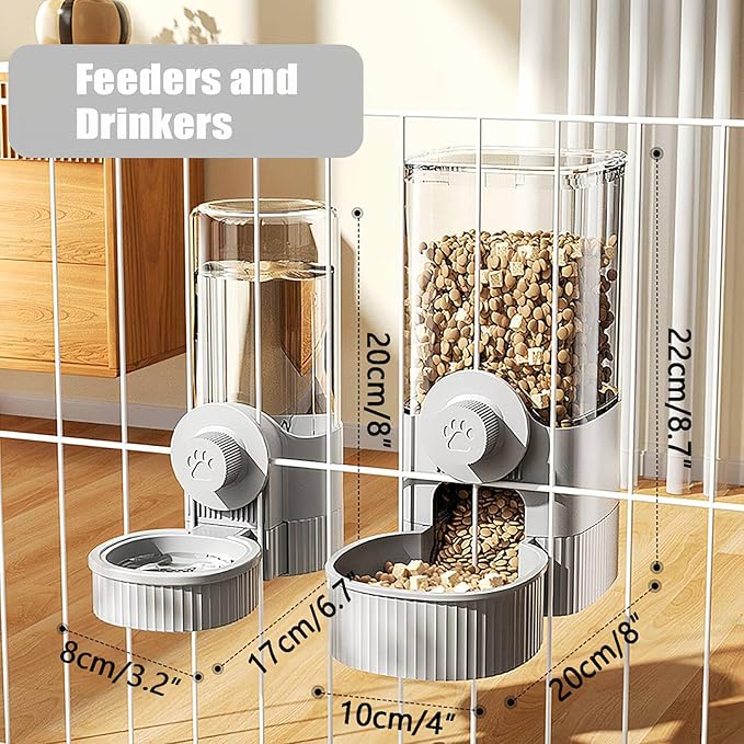 GKYZBB Hanging Automatic Food Water Dispenser,Rabbit Feeder Guinea Pig Water Bottle Food Feeder for Ferret Guinea Pig Rabbit Bunny Cage Accessories (Grey, 520ml+1200ml)