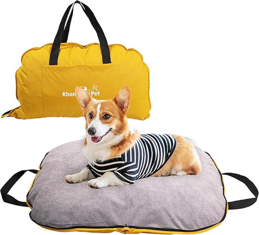 Portable Waterproof Dog Mat for Camping, Patio & Travel - Foldable Outdoor Dog Bed with Teflon Shell & Removable Plush Pad - Easy Clean, Durable - M (Lemon Yellow)