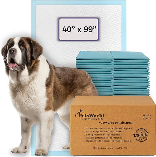 PETSWORLD Mega-Sized Dog Pee Pads (40" x 99") – 4XL Gigantic Pet Piddle Pads for Puppy Training, Incontinence – with Adhesive Sticky Tape – Leak Proof, 5-Layer Protection (20 Count)