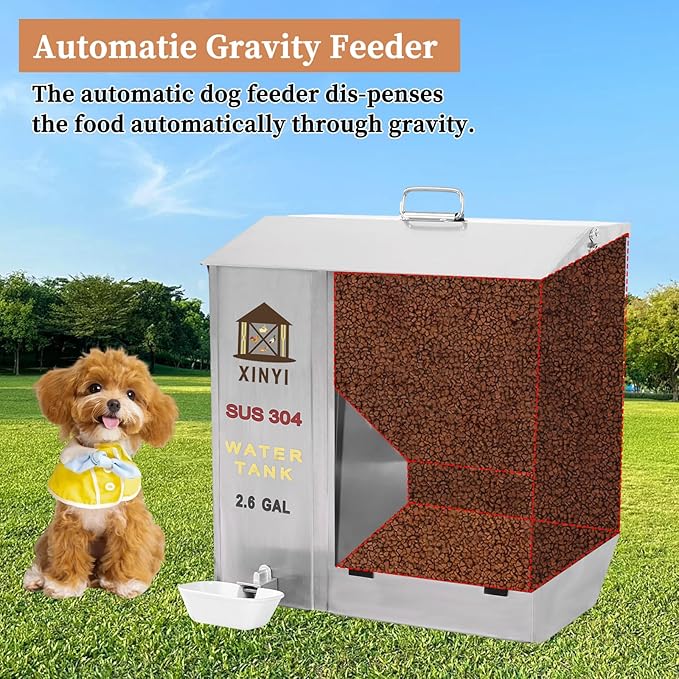 XINYI Automatic Dog Feeder and Waterer 2-in-1,SU304 Stainless Steels 2.6 Gallon Water Tank with 1 Aluminum Alloy Water Cup, 3.7 Gallon Dog Food Dispenser,Automatic Feeder for Pets, Breed, Cat