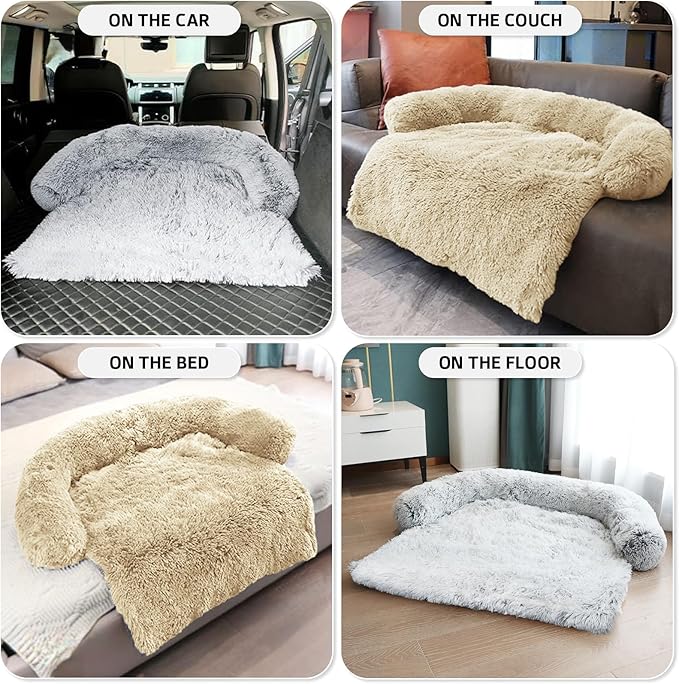 Calming Dog Bed Fluffy Plush Dog Mat for Furniture Protector with Removable Washable Cover for Large Medium Small Dogs and Cats (Medium, Beige)