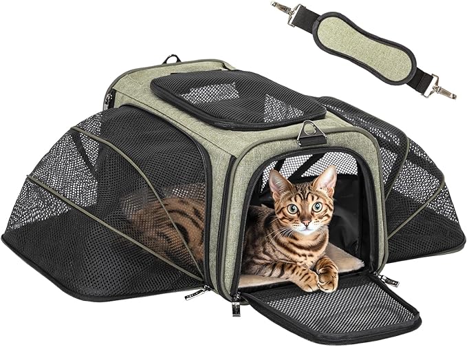 Petsfit Expandable Rabbit Carrier Bunny Carriers, 16 Inch Airline Approved Pet Carrier with 2 Extensions, Soft Washable Cushion, Self-Locking Zipper Head, Built-in Safety Rope, Fit for Travel