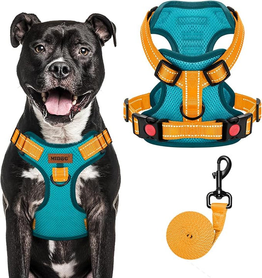 MIDOG No-Pull Dog Harness | Adjustable & Reflective Pet Harness Leash Set for Small Medium Large Dogs Walking, Training| No Choke, Front Clip, Soft Padded Vest with Easy Control Handle - Blue, L