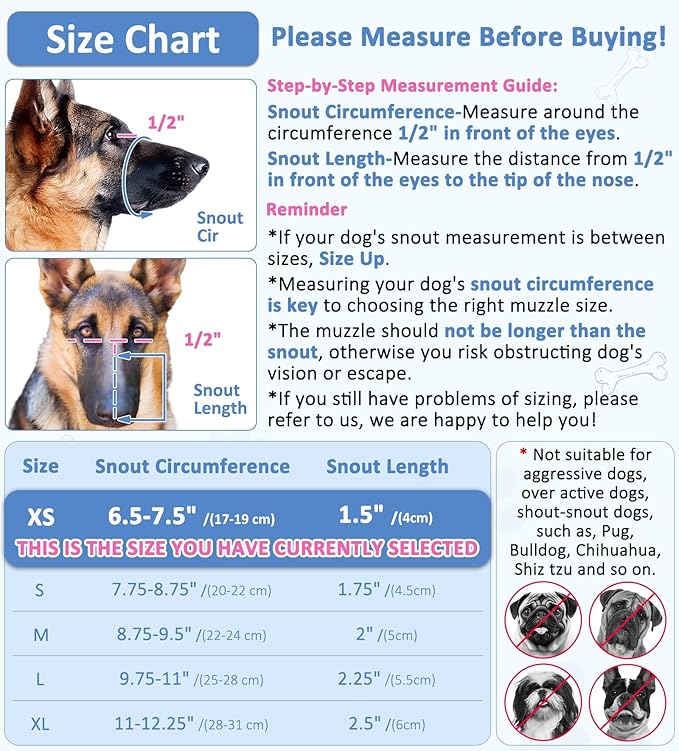 LUCKYPAW Dog Muzzle, Soft Muzzles for Large Medium Small Dogs to Prevent Biting Chewing with Ring and Adjustable Strap for Vet Visit Training (Black, XS)